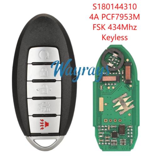 For Infiniti QX60/ Nissan Altima Maxima KR5S180144014 S180144310 4A chip PCF7953M with FSK 434mhz keyless 4+1 button remote key