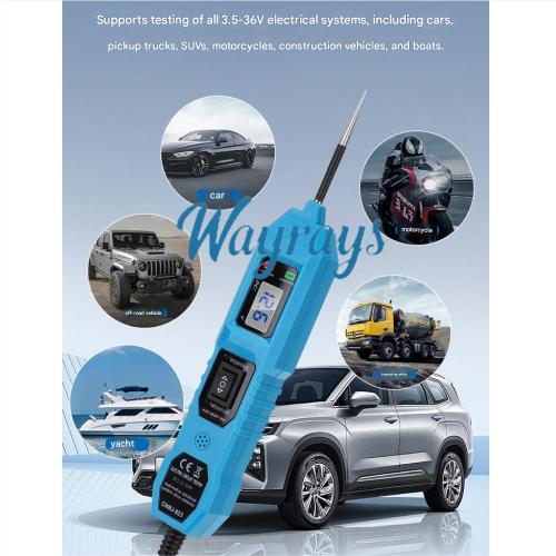 Multi-functional electrical circuit tester features a built-in flashlight and digital display, and supports testing of all 3.5-36V electrical systems, including those in cars, motorcycles, construction vehicles, and boats.