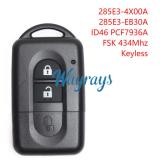 For Nissan ID46 chip PCF7936A with FSK 434mhz keyless 2 button remote key, PN:285E34X00A 285E3EB30A