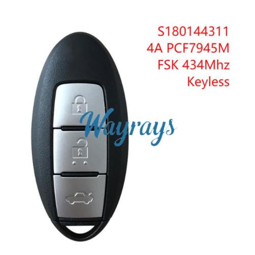 For Nissan S180144311 4A chip PCF7945M with FSK 434mhz Keyless 3 button remote key