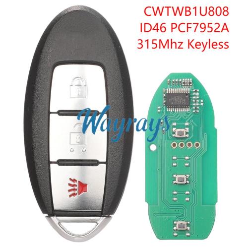 For Nissan CWTWB1U808 ID46 chip PCF7952A with 315mhz keyless 2+1 button remote key