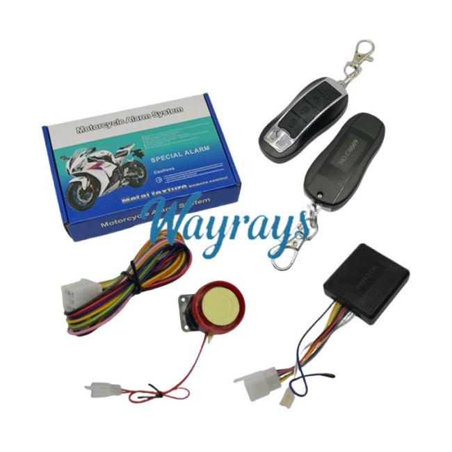 Universal unidirectional motorcycle/electric scooter anti-cutting wire alarm and anti-theft device.