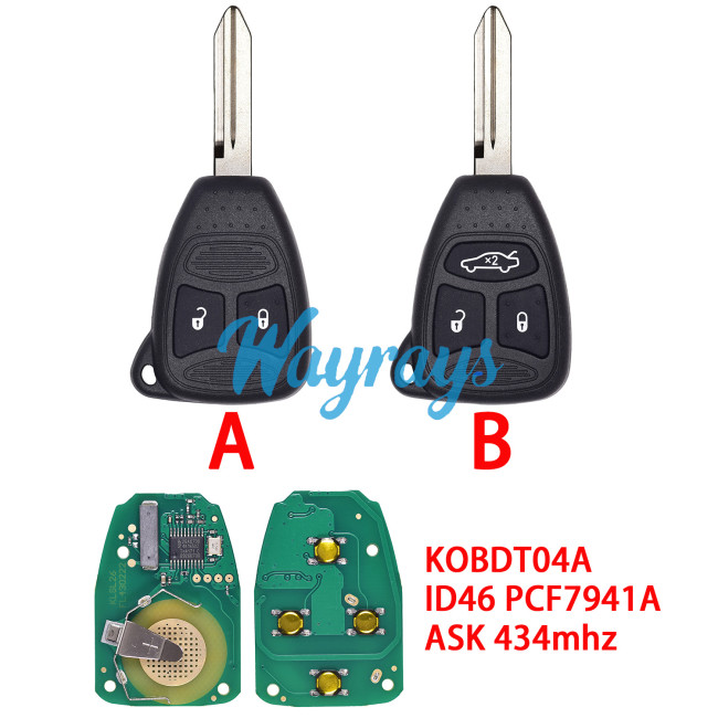 For Chrysler/Jeep KOBDT04A ID46 chip PCF7941A with ASK 434mhz 2/3 button remote key