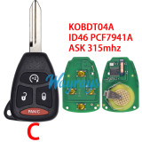 For Chrysler/Dodge KOBDT04A ID46 chip PCF7941A with ASK 315mhz remote key