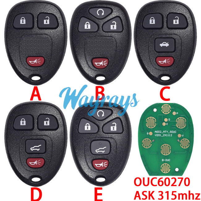 For GMC/Chevrolet OUC60270 ASK 315mhz 2+1/3+1/4+1 button remote key