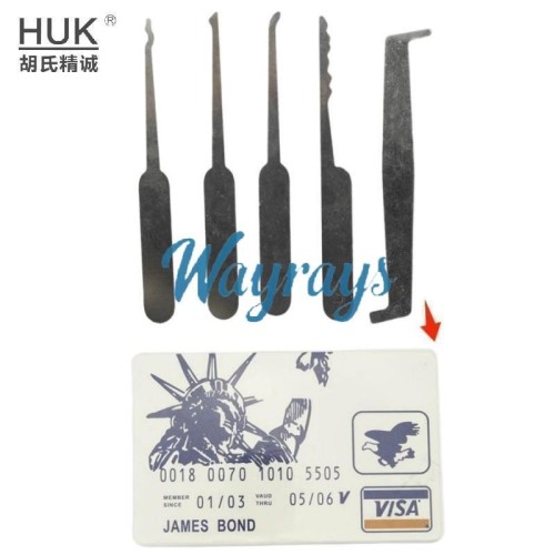 HUK brand hook pick tool card-style for portability,supports wafer locks, cross locks, vehicle locks, drawer locks, padlocks, and surface-mounted door locks.