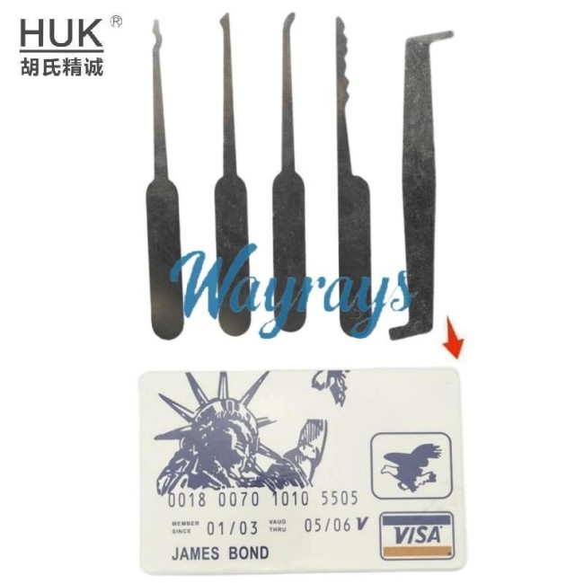 HUK brand hook pick tool card-style for portability,supports wafer locks, cross locks, vehicle locks, drawer locks, padlocks, and surface-mounted door locks.