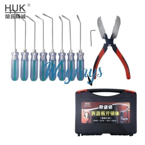 HUK brand non-destructive security door lock faceplate removal kit. uses pliers or steel ruler to detach faceplate, leverages lock mechanics to directly disengage the lock.