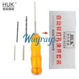HUK brand cross lock drilling tool. use a 2.5mm drill bit, sleeve it with a steel tube (to avoid damaging pins), drill 1mm into the lock body from the center of the cylinder, then tap in a specially designed steel driver and rotate to open.