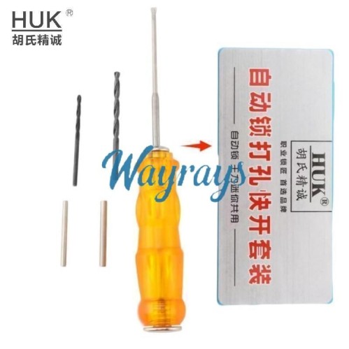 HUK brand cross lock drilling tool. use a 2.5mm drill bit, sleeve it with a steel tube (to avoid damaging pins), drill 1mm into the lock body from the center of the cylinder, then tap in a specially designed steel driver and rotate to open.