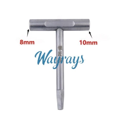 3-in-1 universal wrench, tool rotates for adjustment. includes m10 and m8 hex holes for no.8 (8mm) and no.10 (10mm) sizes, widely used for residential locks. measure tool's tip diameter before purchase to ensure compatibility.