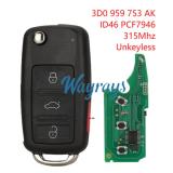 For VW 3D0959753AK ID46 chip PCF7946 with 315mhz unkeyless 3+1 button remote key