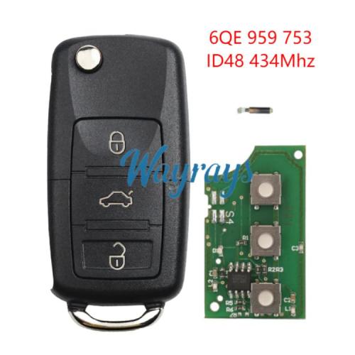 For VW 6QE 959 753 ID48 chip with ASK 434mhz 3 button remote key