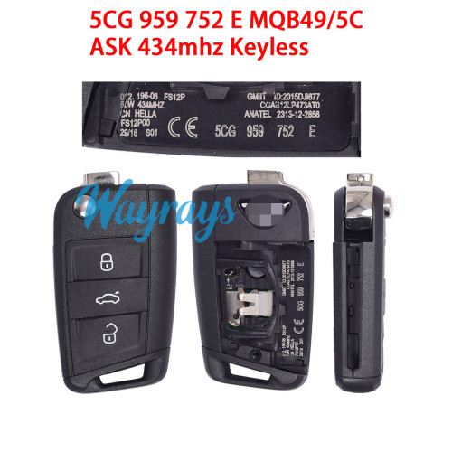 Original for VW Jetta 5CG 959 752 E MQB49/5C chip 434mhz keyless 3 button remote key (Metal and plastic bases will be shipped randomly)