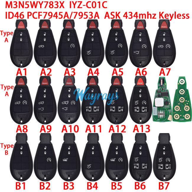 For Chrysler M3N5WY783X,IYZ-C01C ID46 chip PCF7945A/7953A with ASK 434mhz keyless remote key