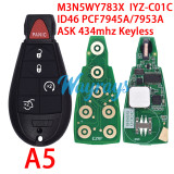 For Chrysler M3N5WY783X,IYZ-C01C ID46 chip PCF7945A/7953A with ASK 434mhz keyless remote key