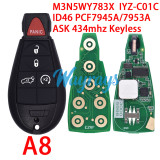 For Chrysler M3N5WY783X,IYZ-C01C ID46 chip PCF7945A/7953A with ASK 434mhz keyless remote key