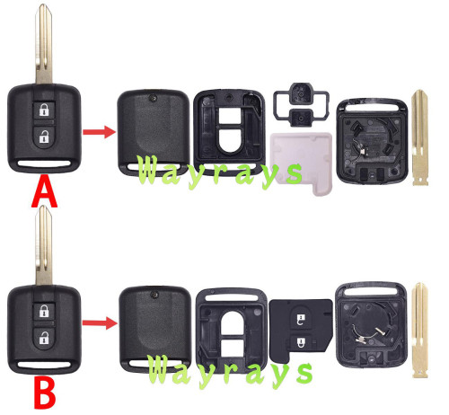 For Nissan key shell without logo place,A and B have the same internal structure and similar materials。 A has plastic buttons with white pads B has black button rubber pad