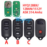 For Toyota HYQ12BBX/12BAN/1512Y ASK 314.4mhz 2+1/3+1 button remote key