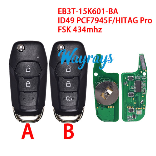 For Ford EB3T-15K601-BA ID49 chip PCF7945F/HITAG Pro with FSK 434mhz 2/3 button remote key