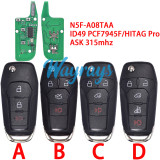 For Ford N5F-A08TAA ID49 chip PCF7945F/HITAG Pro with ASK 315mhz 2+1/3+1 button remote key