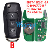 For Ford EB3T-15K601-BA ID49 chip PCF7945F/HITAG Pro with FSK 434mhz 2/3 button remote key