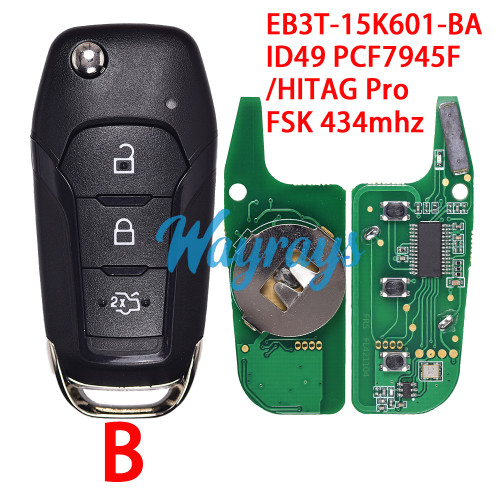 For Ford EB3T-15K601-BA ID49 chip PCF7945F/HITAG Pro with FSK 434mhz 2/3 button remote key