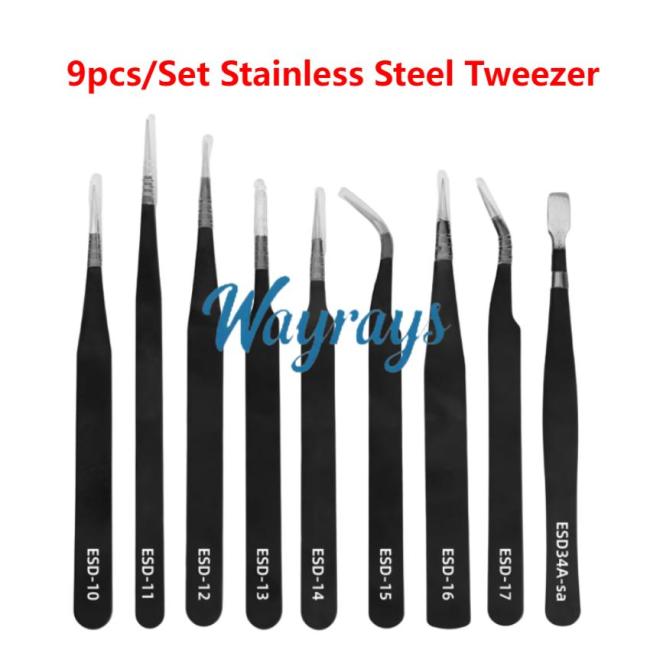 9pcs/Set Black Stainless Steel Tweezer – ESD Precision Repair Tools with Fine Tips