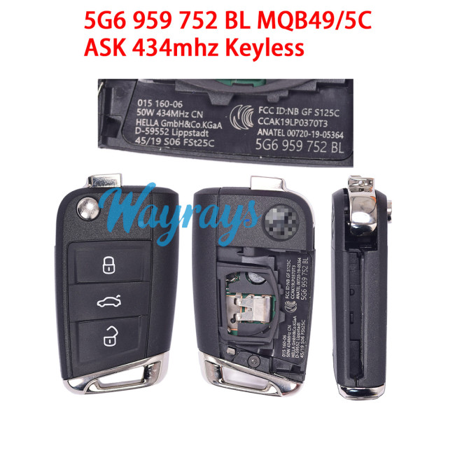 Original for VW 5G6 959 752 BL MQB49/5C chip With ASK 434mhz keyless 3 button remote key