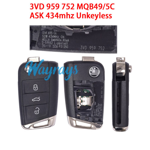 Original for VW Skoda 3VD 959 752 MQB49/5C chip with ASK 434mhz 3 button remote key，unkeyless