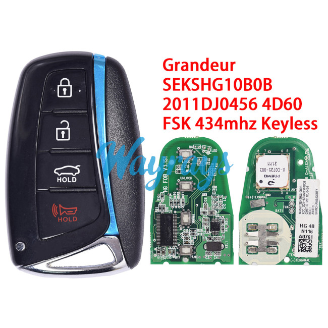 Original for Hyundai 10-11 Grandeur SEKSHG10B0B 2011DJ0456 4D60 chip with FSK 434mhz keyless 3+1 button remote key,with aftermarket shell
