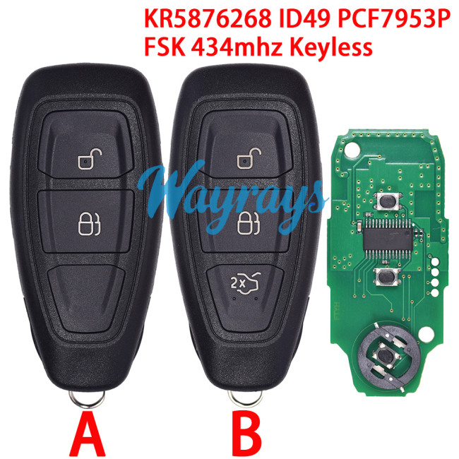 For Ford KR5876268 ID49 chip PCF7953P with FSK 434mhz keyless 2/3 button remote key