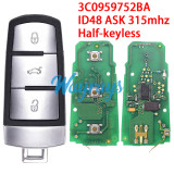 Original for VW Magotan 3C0 959 752 BA ID48 chip 434mhz half- keyless 3 button remote key,with aftermarket shell