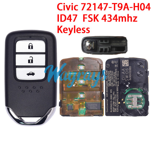 Original for Honda Civic 72147-T9A-H04 ID47 chip with FSK 434mhz keyless 3 button remote key