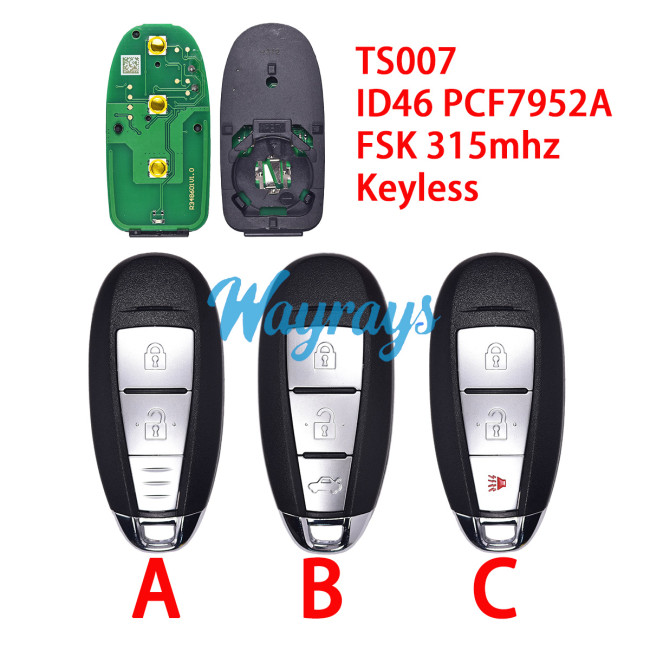For Suzuki 10-12 Swift 37172-71L00 TS007 ID46 chip PCF7952A with FSK 315mhz keyless 2/3/3+1 button remote key