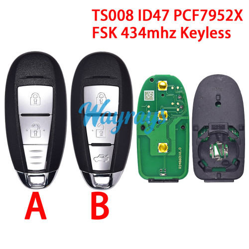 For Suzuki TS008 ID47 chip PCF7952X with FSK 434mhz keyless 2/3 button remote key