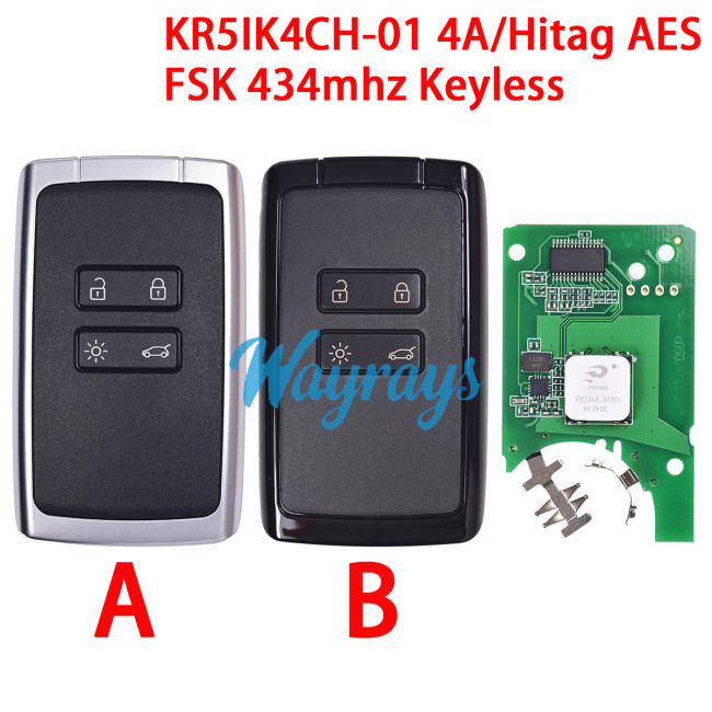 For Renault 18-23 Megane Clio Captur Espace Zoe KR5IK4CH-01 4A/Hitag AES chip with FSK 434mhz keyless 4 button remote key: 2018, 2019, 2020, 2021, 2022, 2023