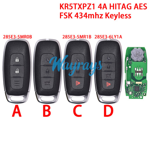 For NIissan KR5TXPZ1 285E3-5MR0B 285E3-5MR1B 285E3-6LY1A S180146119 4A chip HITAG AES with FSK 434mhz keyless remote key