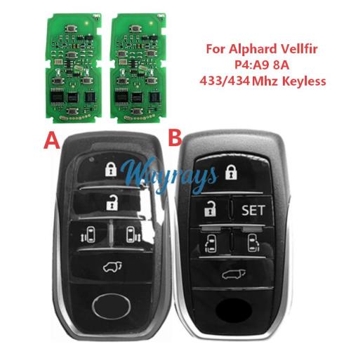 For Toyota Alphard Vellfir 8A chip with  433.58/434.42mhz keyless 5/6 button remote key