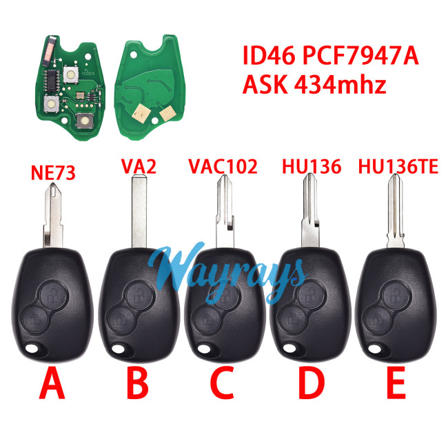 For Renault ID46 chip PCF7947A with ASK 434mhz 2 button remote key