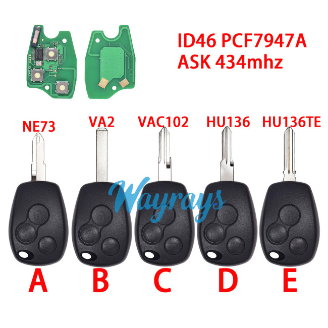 For Renault ID46 chip PCF7947A with ASK 434mhz 3 button remote key