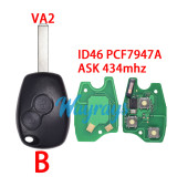 For Renault ID46 chip PCF7947A with ASK 434mhz 2 button remote key