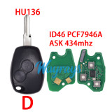 For Renault ID46 chip PCF7946A with ASK 434mhz 2 button remote key