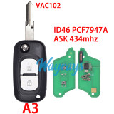 For Renault ID46 chip PCF7947A with ASK 434mhz 2/3 button remote key,VA2 blade