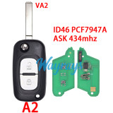 For Renault ID46 chip PCF7947A with ASK 434mhz 2/3 button remote key,VA2 blade