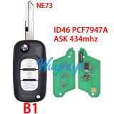 For Renault ID46 chip PCF7947A with ASK 434mhz 2/3 button remote key,VA2 blade