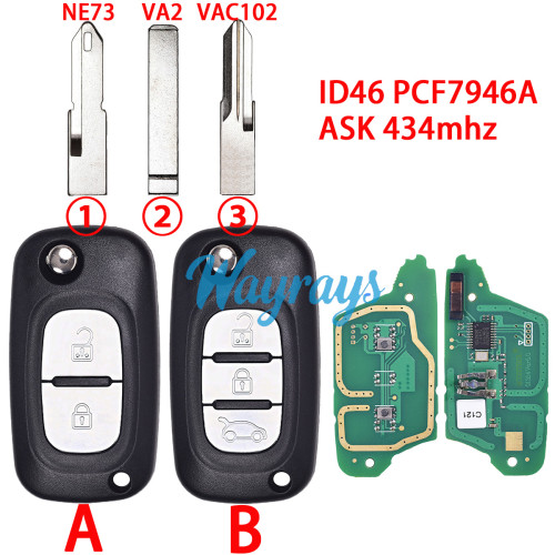 For Renault ID46 chip PCF7946A with ASK 434mhz 2/3 button remote key