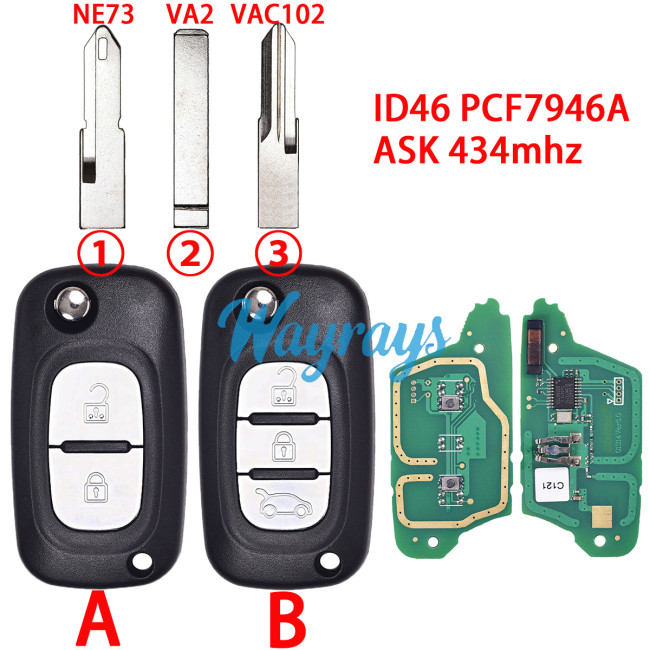 For Renault ID46 chip PCF7946A with ASK 434mhz 2/3 button remote key