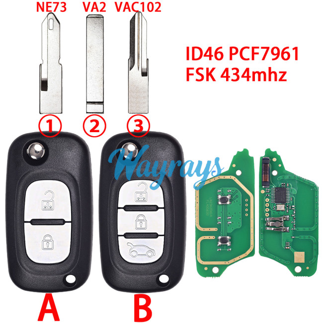 For Renault Clio,Master,Megane3,Fluence,ID46 chip PCF7961A with FSK 434mhz 2/3 button remote key
