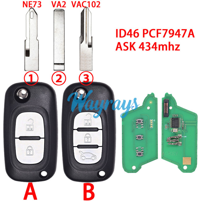 For Renault ID46 chip PCF7947A with ASK 434mhz 2/3 button remote key,VA2 blade